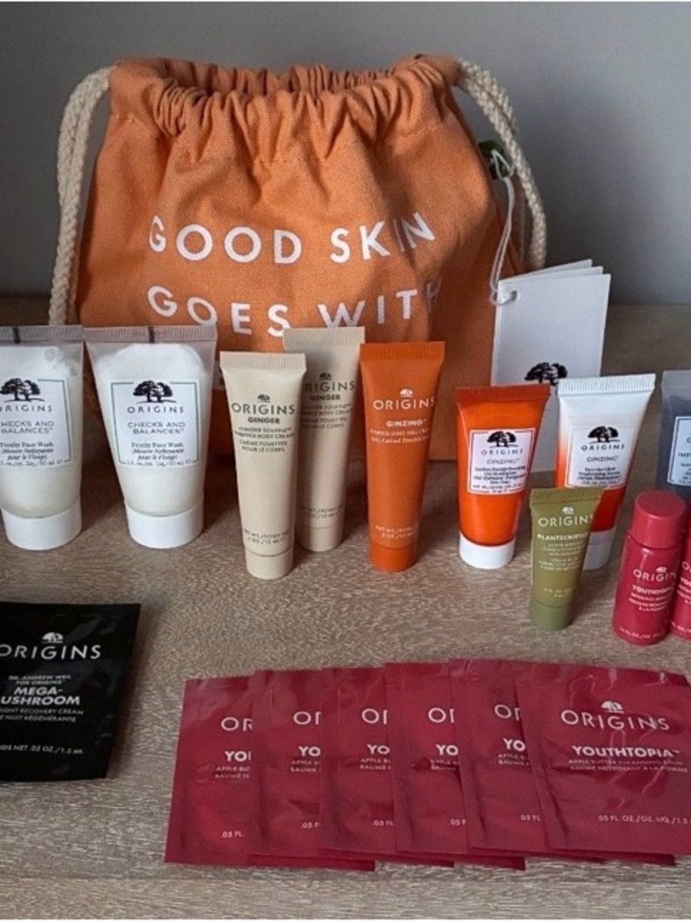 Origins Travel Skincare Set with Peach Drawstring Pouch